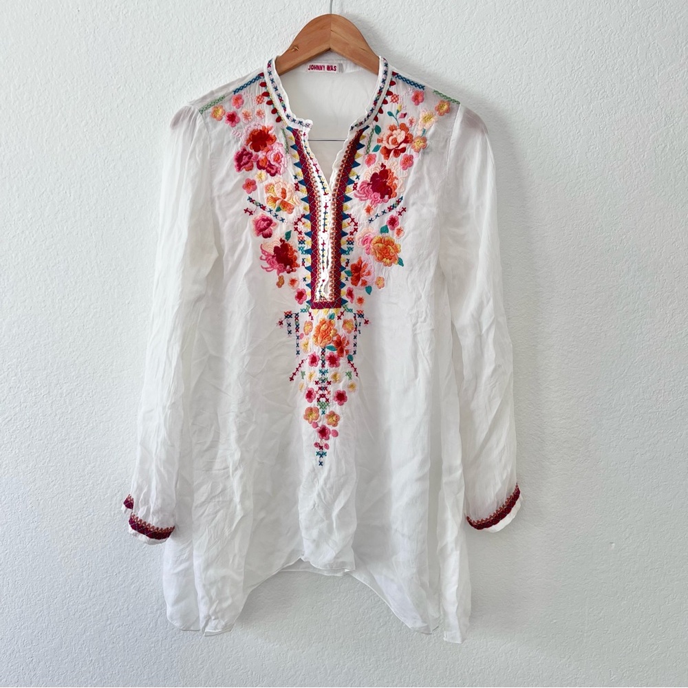 Johnny Was Floral Embroidered Georgette Blouse Sz S